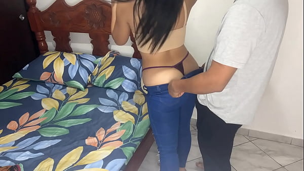 my beautiful stepmother trying on her new jeans is tight for her big ass comma it s hard for her to get it on while i film her behind the door
