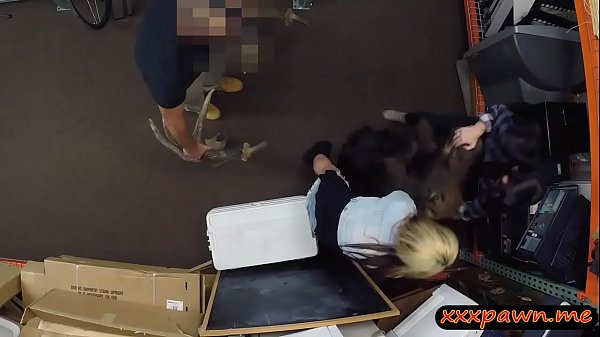 lesbian couple fucked by nasty pawn guy in storage room